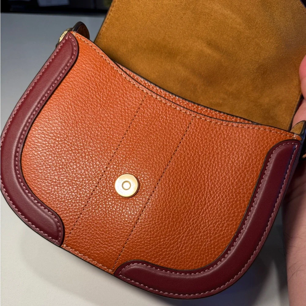 COACH - Georgie Saddlebag in Orange and Burgundy Colorblock - Picture 9 of 13
